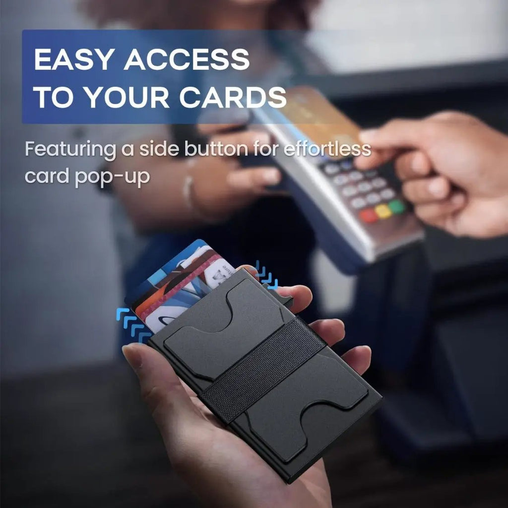 Slim Wallet For Men, RFID Aluminum Pop-Up Card Holder For 12 Cards Minimalist Front Pocket Design, Elastic Cash Strap, RFID Protection, Gift For by AuroreWear