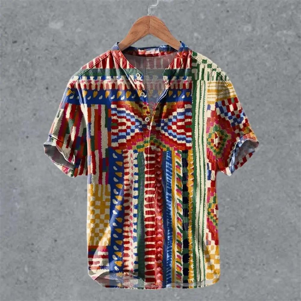 Men's Casual Linen Semi-Open Short-Sleeve by AuroreWear