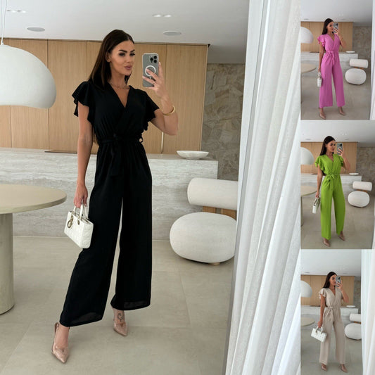 V-neck Lace-up Nipped Waist Trousers Jumpsuit