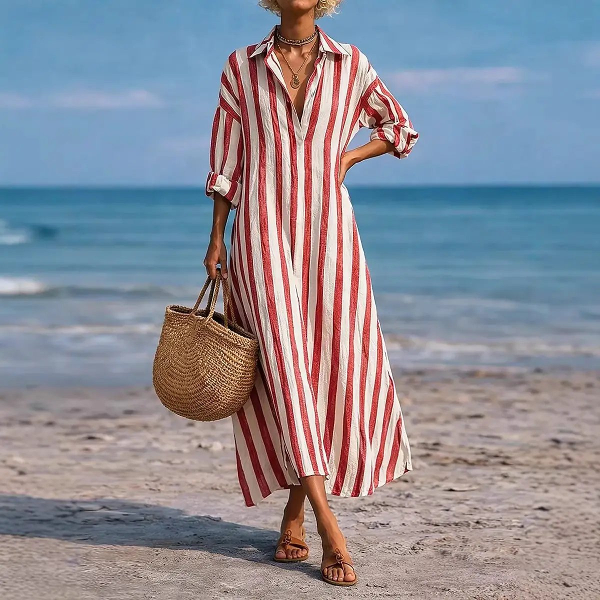 SpringSummer New Striped Lapel-Pocket Dress by AuroreWear