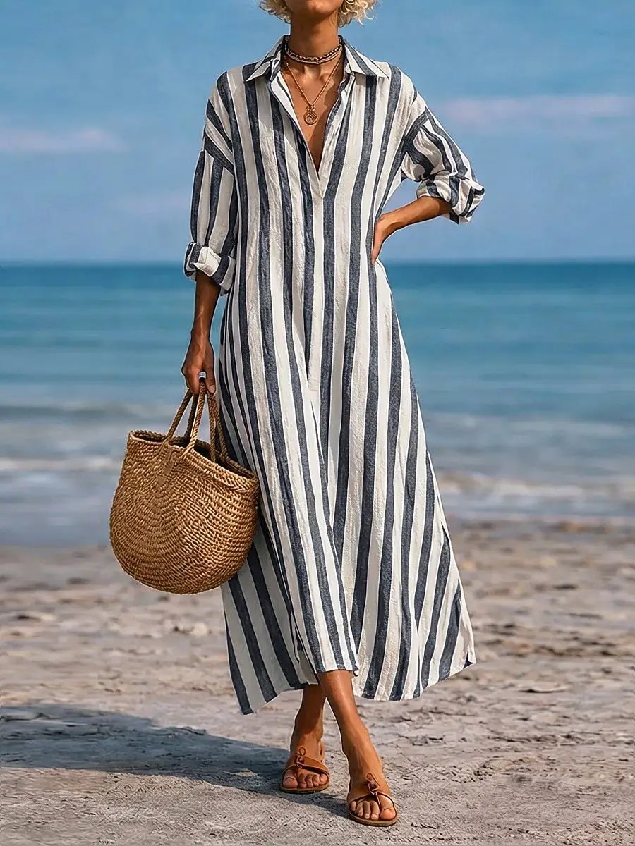 SpringSummer New Striped Lapel-Pocket Dress by AuroreWear