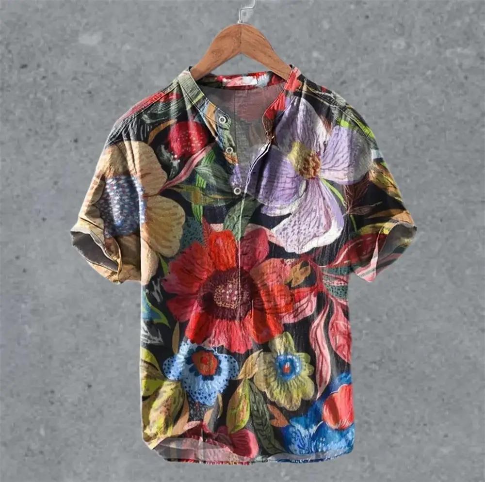 Men's Casual Linen Semi-Open Short-Sleeve by AuroreWear