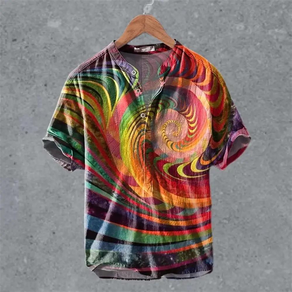 Men's Casual Linen Semi-Open Short-Sleeve by AuroreWear