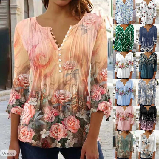 Fashionable New Women's Floral Print V-neck Three-quarters Sleeve Pleated Button T-shirt Base Shirt