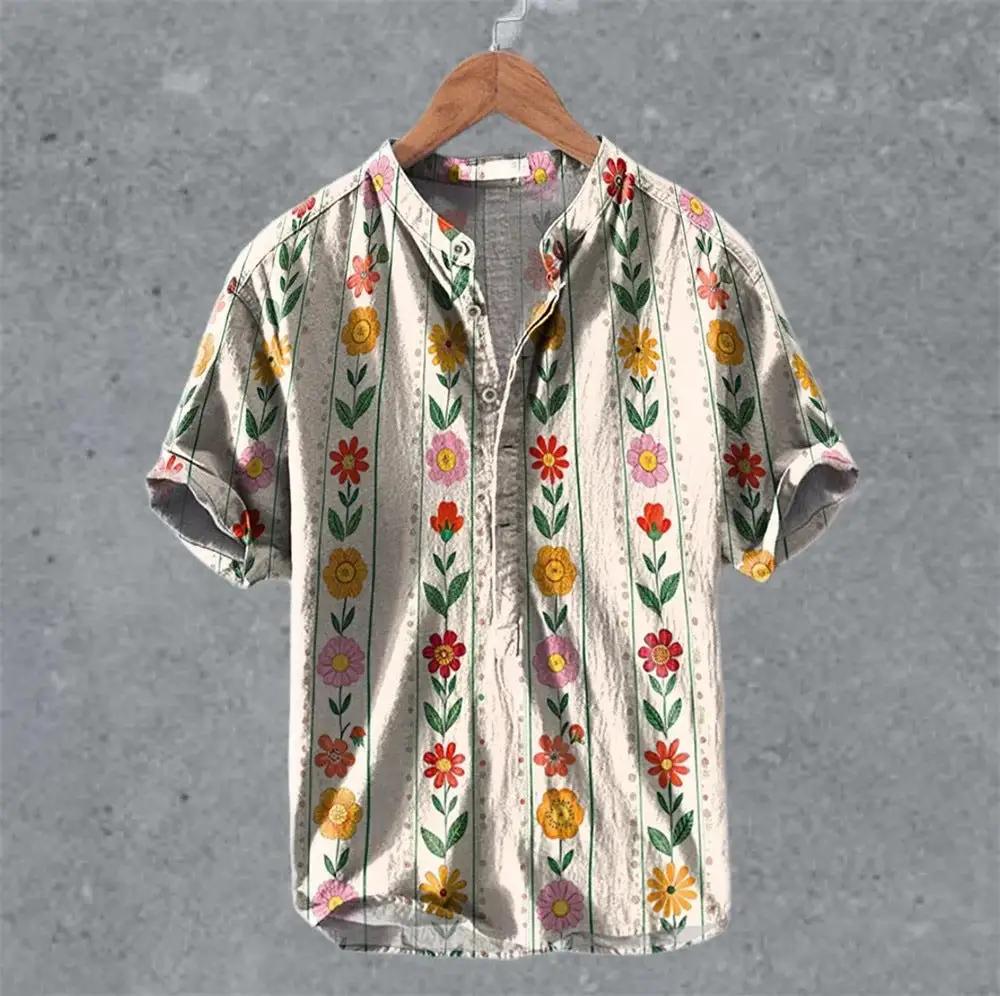 Men's Casual Linen Semi-Open Short-Sleeve by AuroreWear