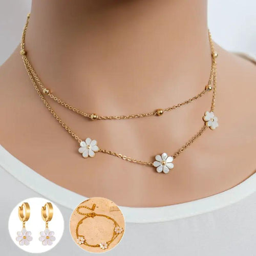 Fashion Jewelry Stainless Steel Flower DaisyFlower Necklace Double Layering Necklace Earrings Jeweley Set by AuroreWear