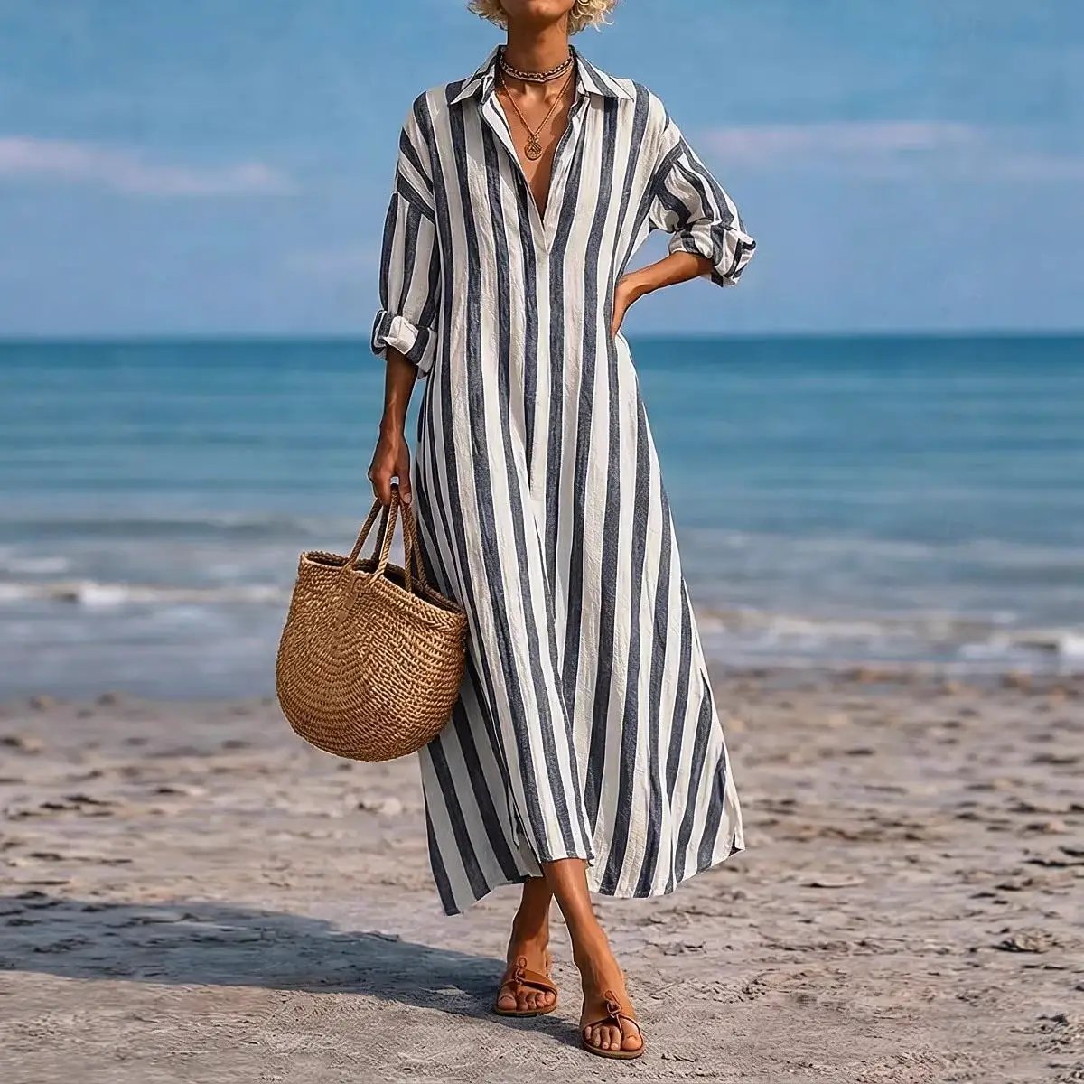 SpringSummer New Striped Lapel-Pocket Dress by AuroreWear