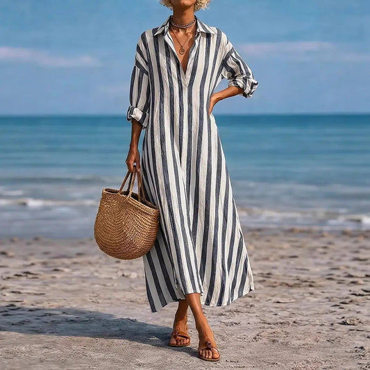 SpringSummer New Striped Lapel-Pocket Dress by AuroreWear