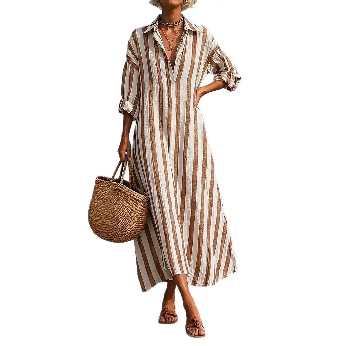 SpringSummer New Striped Lapel-Pocket Dress by AuroreWear